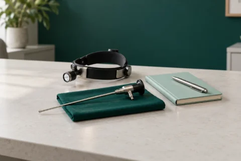 Nasal endoscope, ENT headlamp and notebook on the consultation table