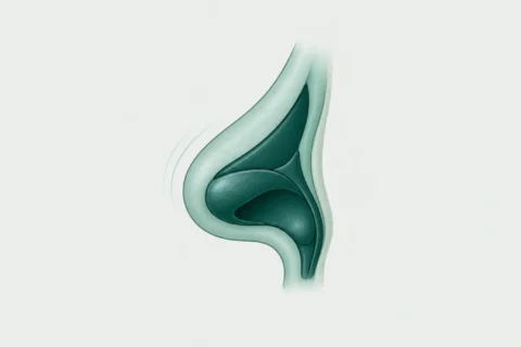 Cross-section of the nasal tip: cartilage framework covered by a thick layer of skin